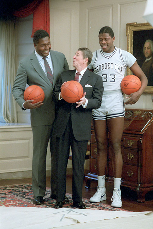 Ronald Reagan with John Thompson, Patrick Ewing.jpg