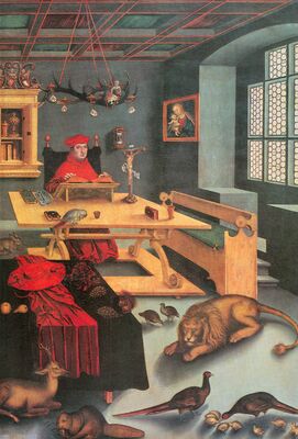 Лукаса Кранах Улииның «Ах-арығ Иероним кельяда» (1502). Кибірли хыйғазын, сын полғанын паза ӧлімнеңер сағыстартарны таныхтапчатхан кинделернең, ала парыснаң паза пас сӧӧгінең хада кӧзіділче